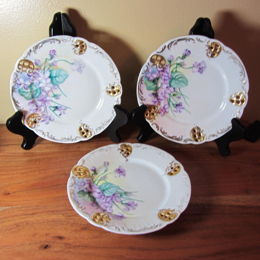 B.R.C. BRC Moliere Germany hand painted salad plates floral antique (GC089)